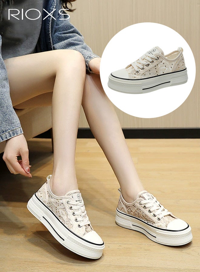 ريوكس أحذية تطريز الزهور المجوفة في الصيف، أحذية بطول 4.5 سم ثخينة -حذاء محسن للسيدات، أحذية تنس متشابكة قابلة للتنفس للنساء، أحذية لادي خفيفة الوزن للمشي، أحذية الموضة النسائية للعمل المكتبي أعمال حفلات الزفاف المواعدة والتسوق، الأحذية البيج - Image 1