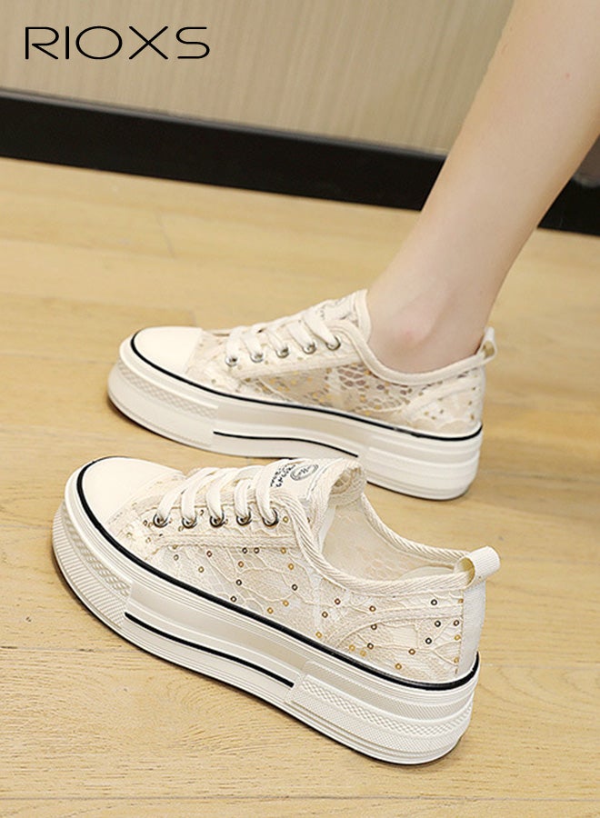 ريوكس أحذية تطريز الزهور المجوفة في الصيف، أحذية بطول 4.5 سم ثخينة -حذاء محسن للسيدات، أحذية تنس متشابكة قابلة للتنفس للنساء، أحذية لادي خفيفة الوزن للمشي، أحذية الموضة النسائية للعمل المكتبي أعمال حفلات الزفاف المواعدة والتسوق، الأحذية البيج - Image 2