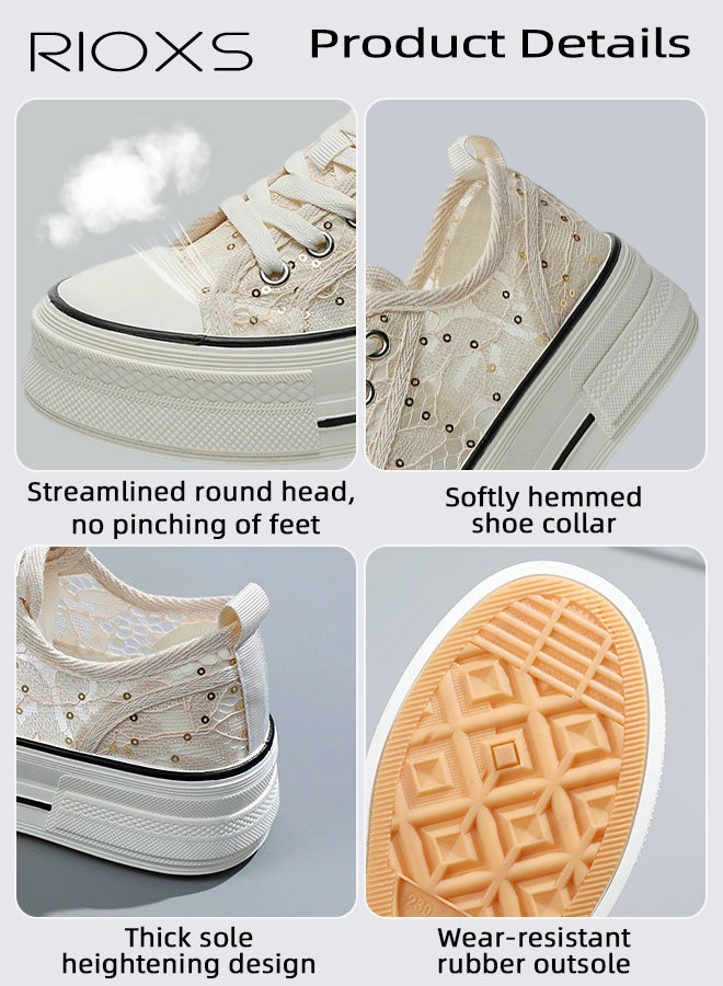 ريوكس أحذية تطريز الزهور المجوفة في الصيف، أحذية بطول 4.5 سم ثخينة -حذاء محسن للسيدات، أحذية تنس متشابكة قابلة للتنفس للنساء، أحذية لادي خفيفة الوزن للمشي، أحذية الموضة النسائية للعمل المكتبي أعمال حفلات الزفاف المواعدة والتسوق، الأحذية البيج - Image 3