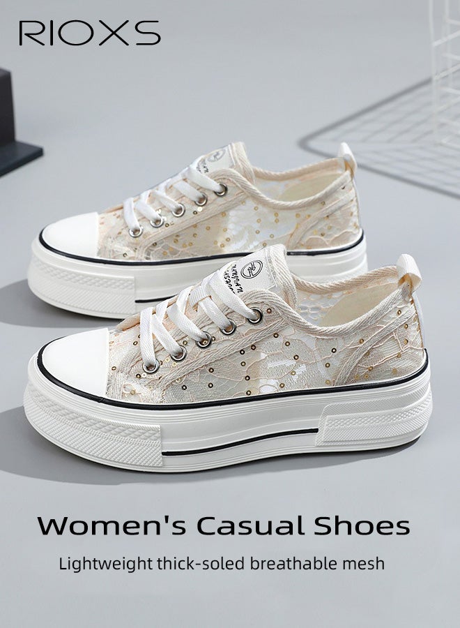 ريوكس أحذية تطريز الزهور المجوفة في الصيف، أحذية بطول 4.5 سم ثخينة -حذاء محسن للسيدات، أحذية تنس متشابكة قابلة للتنفس للنساء، أحذية لادي خفيفة الوزن للمشي، أحذية الموضة النسائية للعمل المكتبي أعمال حفلات الزفاف المواعدة والتسوق، الأحذية البيج - Image 5