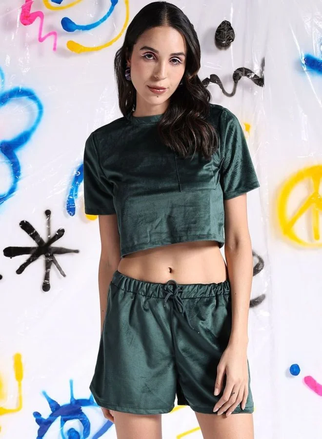 Freehand Women Regular Fit Solid Short Sleeve Mid Rise Round Neck Top With Shorts Lounge Set