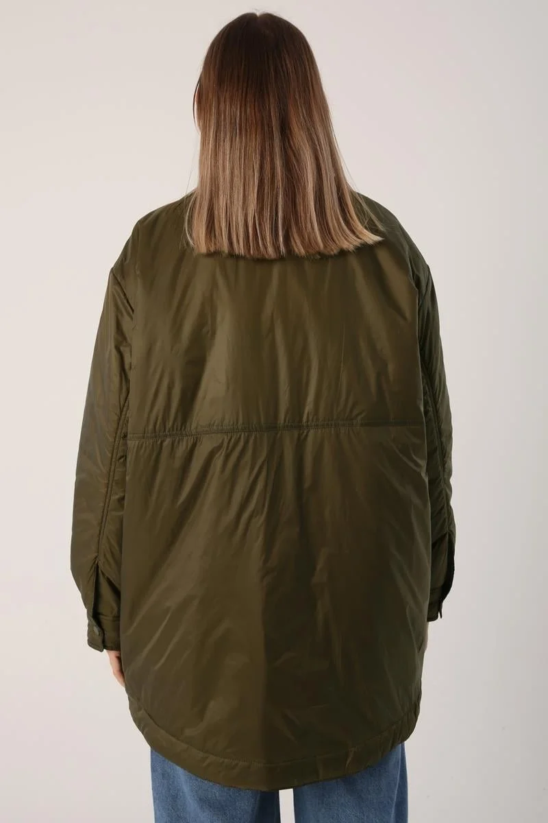 Allday Khaki-Oversize Snap-On Shirt Collar Coat