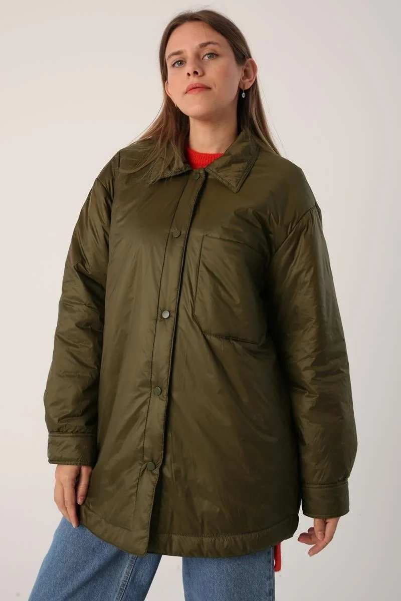 Allday Khaki-Oversize Snap-On Shirt Collar Coat