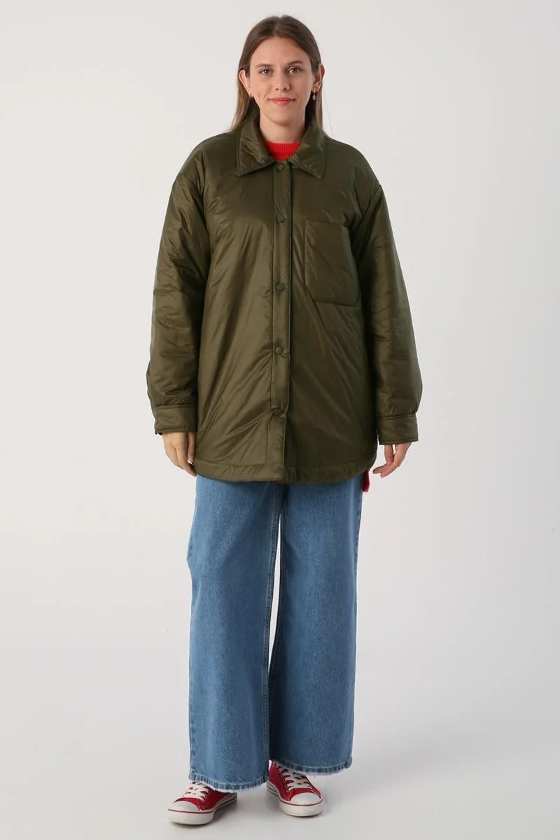 Allday Khaki-Oversize Snap-On Shirt Collar Coat