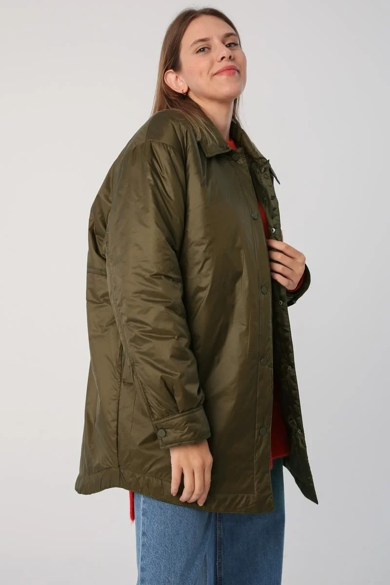 Allday Khaki-Oversize Snap-On Shirt Collar Coat