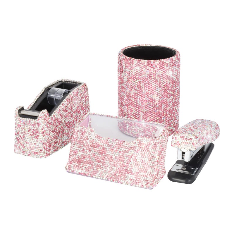 KEYPOWER Bling Crystal Luxury Handmade Diamond Round Pencil Pen Pot Holder & Stapler & Card Holder & Desktop Tape Dispenser Office Stationery Kit for Fashion Girls Women(Pink) - Image 1