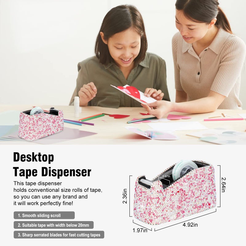 KEYPOWER Bling Crystal Luxury Handmade Diamond Round Pencil Pen Pot Holder & Stapler & Card Holder & Desktop Tape Dispenser Office Stationery Kit for Fashion Girls Women(Pink) - Image 5