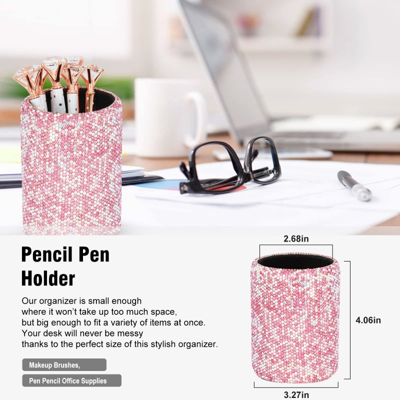 KEYPOWER Bling Crystal Luxury Handmade Diamond Round Pencil Pen Pot Holder & Stapler & Card Holder & Desktop Tape Dispenser Office Stationery Kit for Fashion Girls Women(Pink) - Image 3