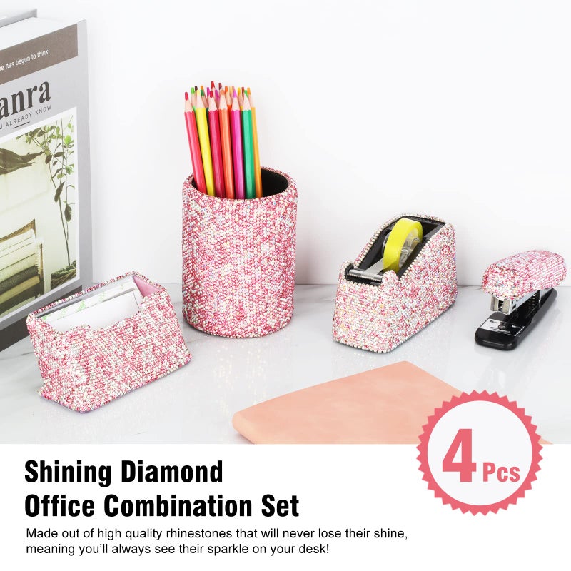 KEYPOWER Bling Crystal Luxury Handmade Diamond Round Pencil Pen Pot Holder & Stapler & Card Holder & Desktop Tape Dispenser Office Stationery Kit for Fashion Girls Women(Pink) - Image 2