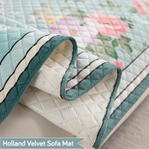 HOKIPO 'LiefNest' Holland Velvet Sofa Cover Mat with Foam Filling for 1/2/3 Seater & L-Shape Sofa. Make Your Own Sofa Cover Set, Mat Size: 220(L) cm, Fresh Floral Pastel Blue (IN-826-D3) - Image 2