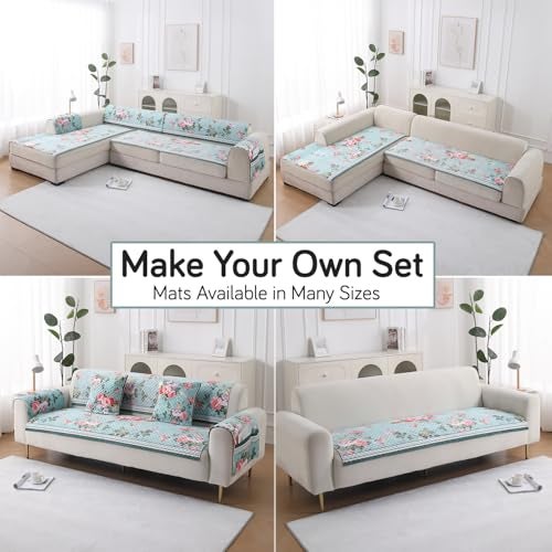 HOKIPO 'LiefNest' Holland Velvet Sofa Cover Mat with Foam Filling for 1/2/3 Seater & L-Shape Sofa. Make Your Own Sofa Cover Set, Mat Size: 220(L) cm, Fresh Floral Pastel Blue (IN-826-D3) - Image 3