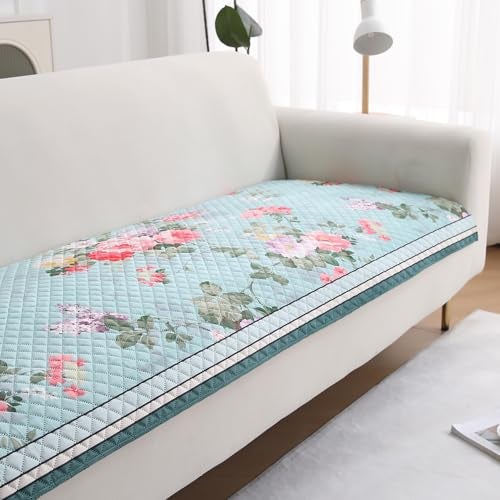 HOKIPO 'LiefNest' Holland Velvet Sofa Cover Mat with Foam Filling for 1/2/3 Seater & L-Shape Sofa. Make Your Own Sofa Cover Set, Mat Size: 220(L) cm, Fresh Floral Pastel Blue (IN-826-D3) - Image 1