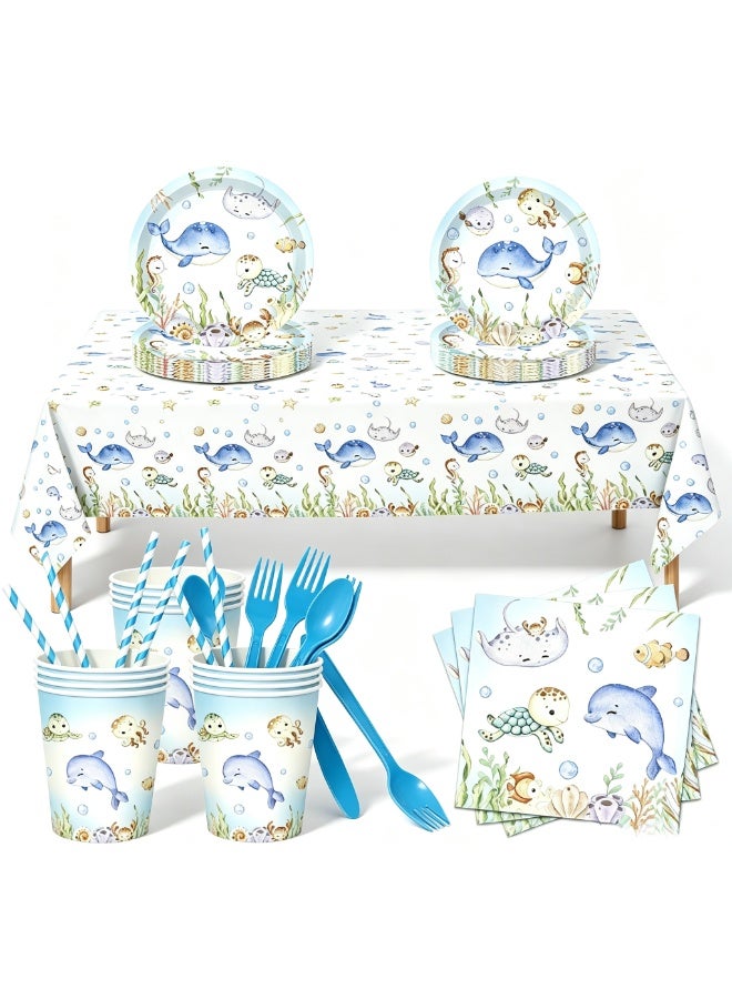 133 PCS Summer Ocean Animal Party Paper Plates and Napkins Set for Under the Sea Party Paper Plates Underwater Creature Disposable Decor Sea Parties Set for Kids Gatherings Decorations - Image 1