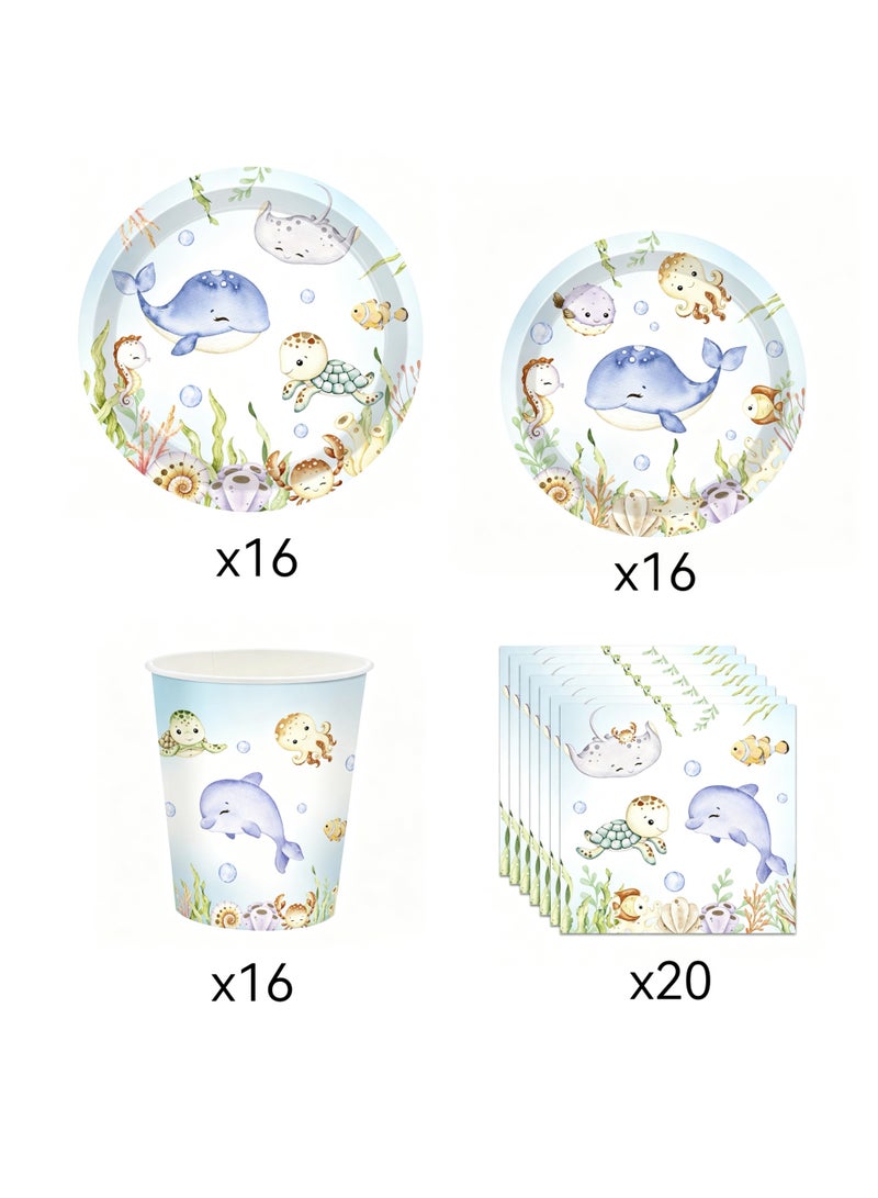 133 PCS Summer Ocean Animal Party Paper Plates and Napkins Set for Under the Sea Party Paper Plates Underwater Creature Disposable Decor Sea Parties Set for Kids Gatherings Decorations - Image 2