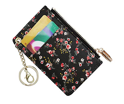 Prometheism Small Wallets for Women Slim Leather Card Case Holder Wallet Coin Change Purse with Keychain (Black Floral) - Image 1