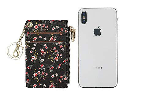 Prometheism Small Wallets for Women Slim Leather Card Case Holder Wallet Coin Change Purse with Keychain (Black Floral) - Image 4