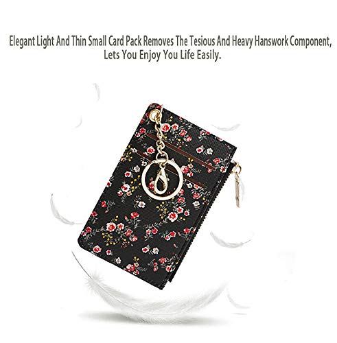 Prometheism Small Wallets for Women Slim Leather Card Case Holder Wallet Coin Change Purse with Keychain (Black Floral) - Image 5