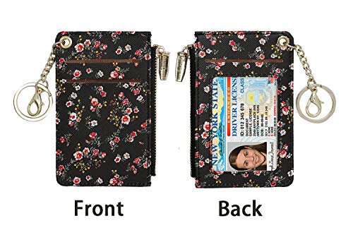 Prometheism Small Wallets for Women Slim Leather Card Case Holder Wallet Coin Change Purse with Keychain (Black Floral) - Image 3