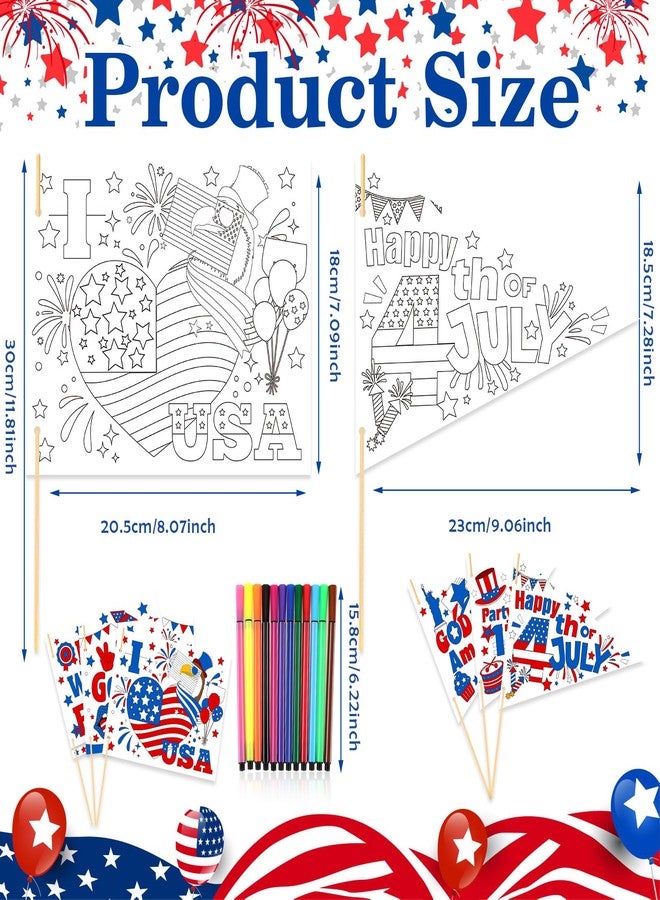 HOWAF 30pcs 4th of July Coloring Flags Kit, Independence Day Coloring Handheld Flags with 24 Paint Pens for 4th of July Crafts, Color Your Own American Patriotic Hand Flag for USA Patriotic Parade - Image 2