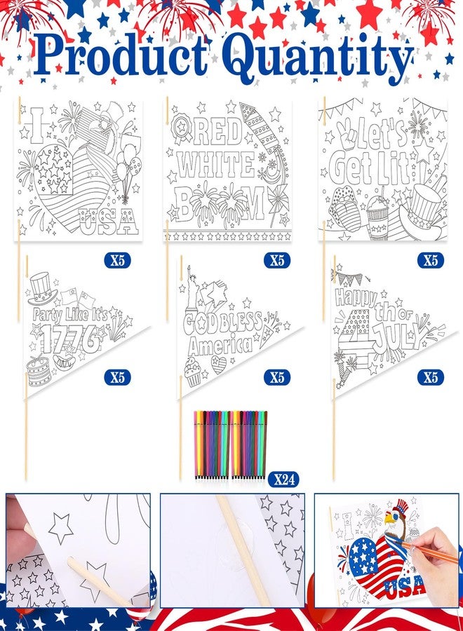 HOWAF 30pcs 4th of July Coloring Flags Kit, Independence Day Coloring Handheld Flags with 24 Paint Pens for 4th of July Crafts, Color Your Own American Patriotic Hand Flag for USA Patriotic Parade - Image 3