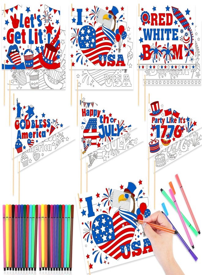 HOWAF 30pcs 4th of July Coloring Flags Kit, Independence Day Coloring Handheld Flags with 24 Paint Pens for 4th of July Crafts, Color Your Own American Patriotic Hand Flag for USA Patriotic Parade - Image 1