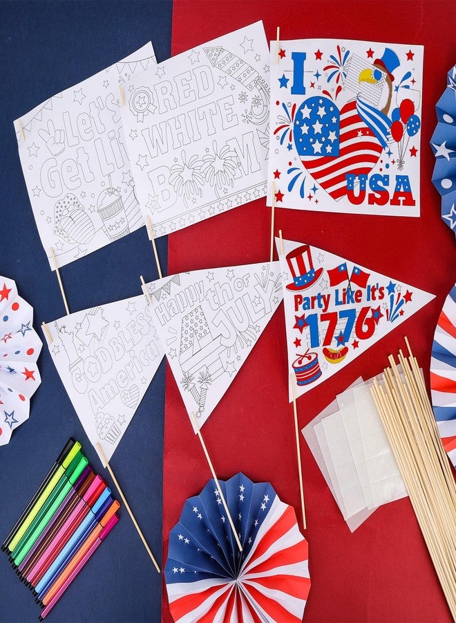 HOWAF 30pcs 4th of July Coloring Flags Kit, Independence Day Coloring Handheld Flags with 24 Paint Pens for 4th of July Crafts, Color Your Own American Patriotic Hand Flag for USA Patriotic Parade - Image 4