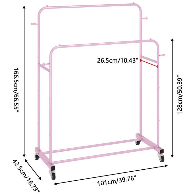 Laiensia Double Rods Garment Rack with Wheels, Clothing Rack for Hanging Clothes,4 Hooks, Multi-Functional Bedroom Clothes Rack, Pink - Image 2