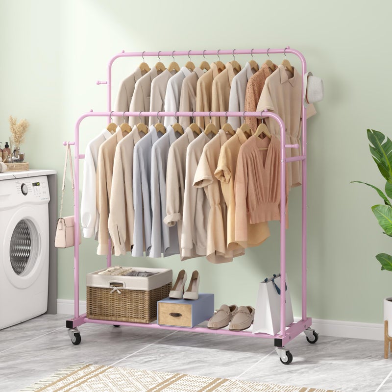 Laiensia Double Rods Garment Rack with Wheels, Clothing Rack for Hanging Clothes,4 Hooks, Multi-Functional Bedroom Clothes Rack, Pink - Image 5