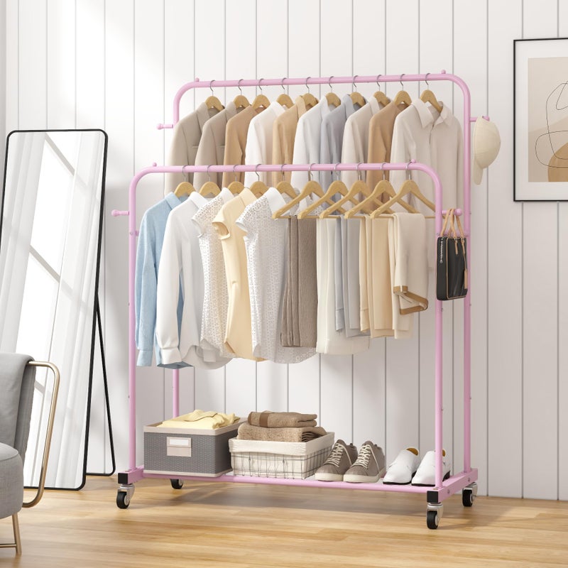 Laiensia Double Rods Garment Rack with Wheels, Clothing Rack for Hanging Clothes,4 Hooks, Multi-Functional Bedroom Clothes Rack, Pink - Image 4