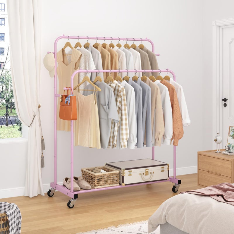 Laiensia Double Rods Garment Rack with Wheels, Clothing Rack for Hanging Clothes,4 Hooks, Multi-Functional Bedroom Clothes Rack, Pink - Image 3