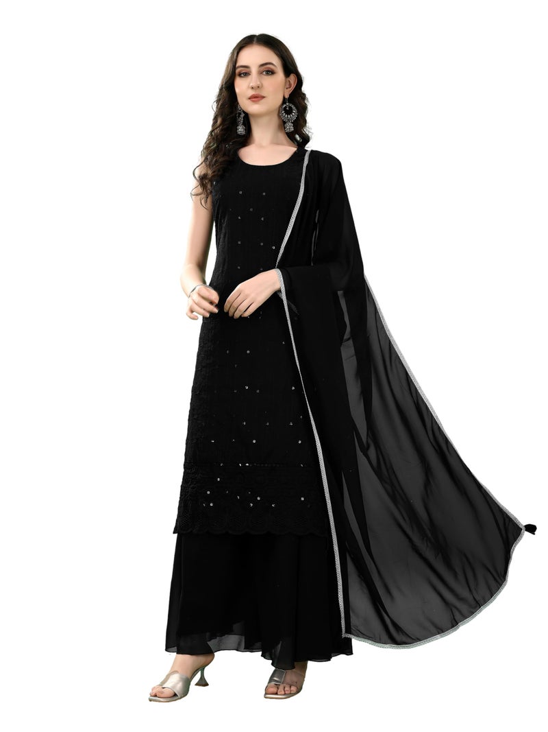 SHOPPING QUEEN Women's Georgette Embroidered Kurta Palazzo with Dupatta (A547_Wine_XS), Straight Fit - Image 1
