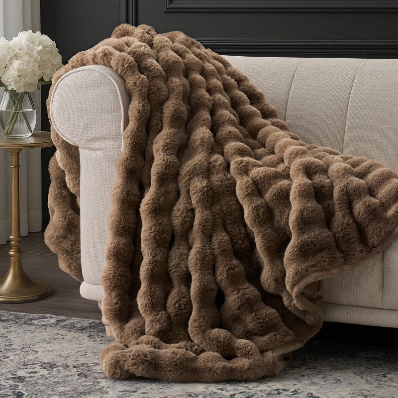 EverGrace Ultra Soft Luxury Fluffy Faux Rabbit Fur Throw Blanket, Thick Warm Bubble Throw for Bed, Cozy Plush Reversible Blankets for Couch, Chair, Sofa, Natural Tan, 60x80 Inches - Image 1