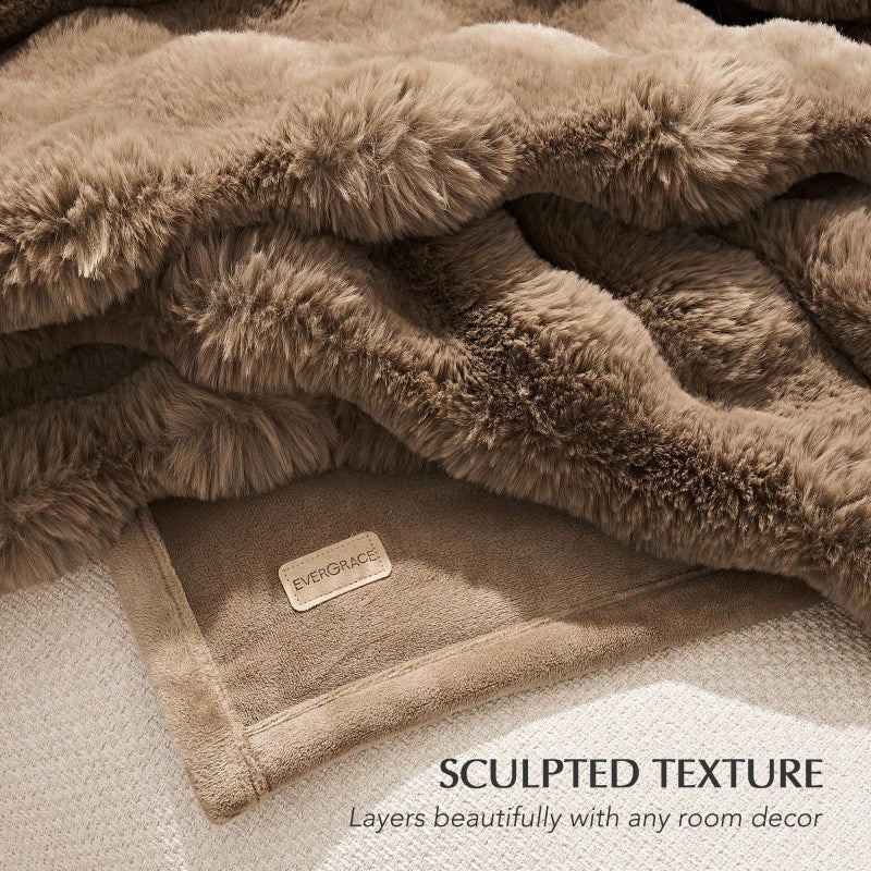 EverGrace Ultra Soft Luxury Fluffy Faux Rabbit Fur Throw Blanket, Thick Warm Bubble Throw for Bed, Cozy Plush Reversible Blankets for Couch, Chair, Sofa, Natural Tan, 60x80 Inches - Image 5
