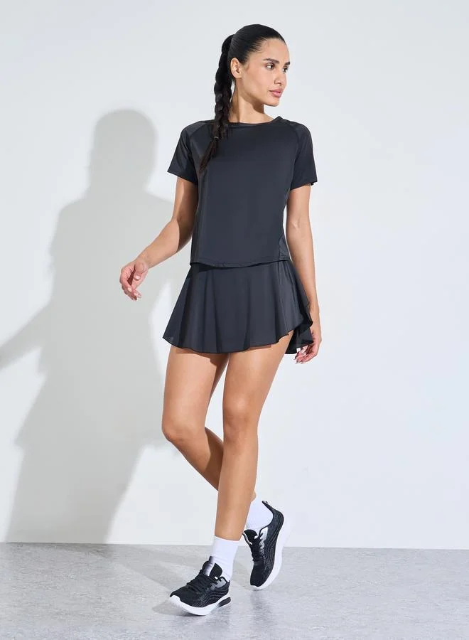 Black Solid Back Mesh Insert Top and Mini Skirt Activewear Set