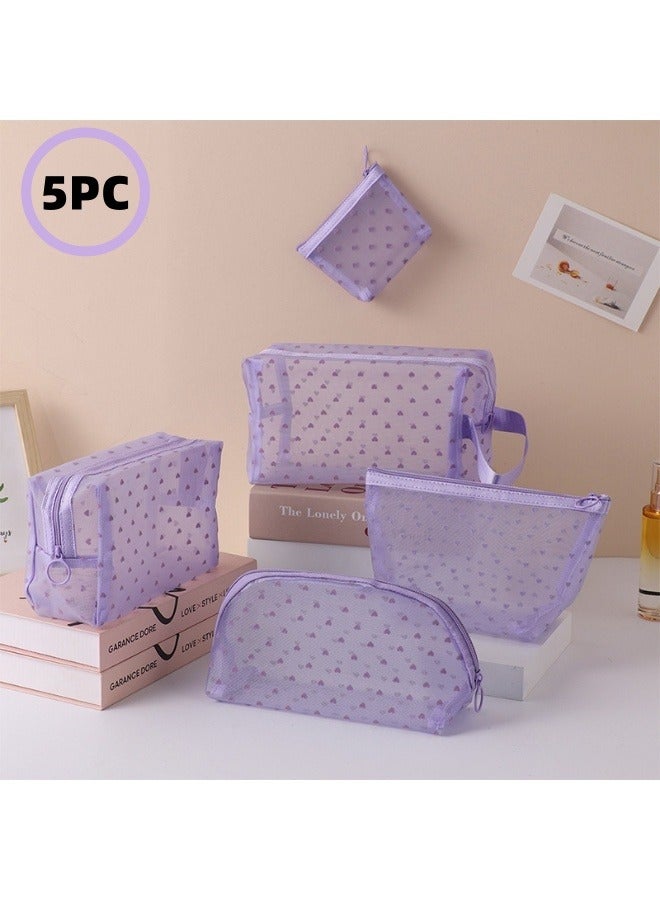 5-piece multifunctional cosmetic bag set of different sizes - portable zipper with handle, travel toiletry bag, storage bag, shopping clutch, wallet, love mesh design, large capacity to meet multiple scenarios, suitable for daily home office shopping travel accessories. - Image 1