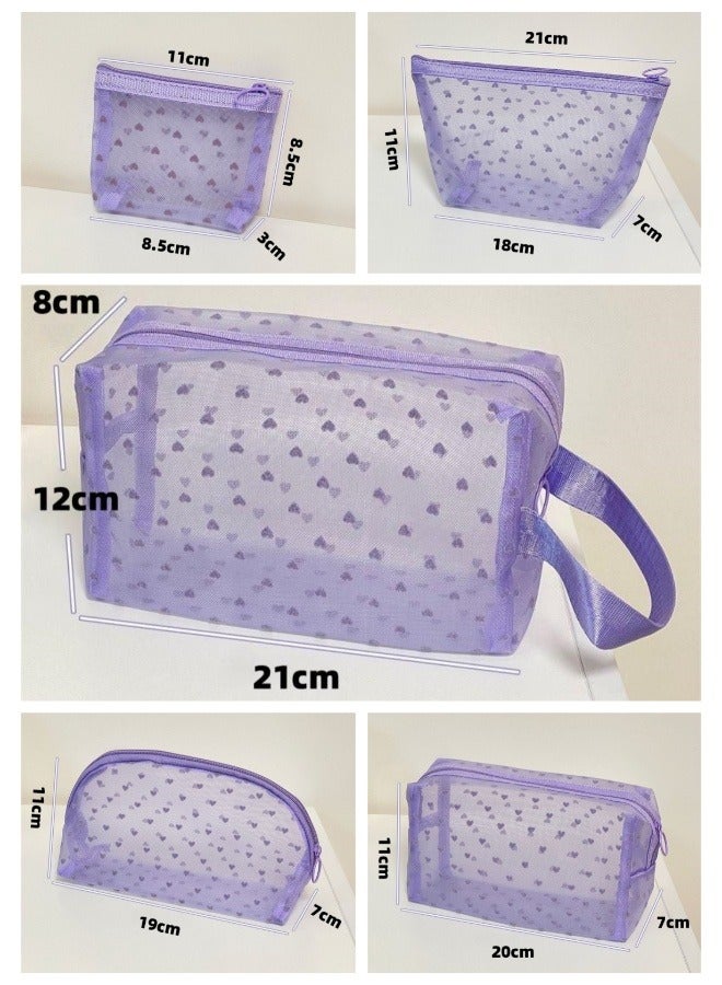 5-piece multifunctional cosmetic bag set of different sizes - portable zipper with handle, travel toiletry bag, storage bag, shopping clutch, wallet, love mesh design, large capacity to meet multiple scenarios, suitable for daily home office shopping travel accessories. - Image 2