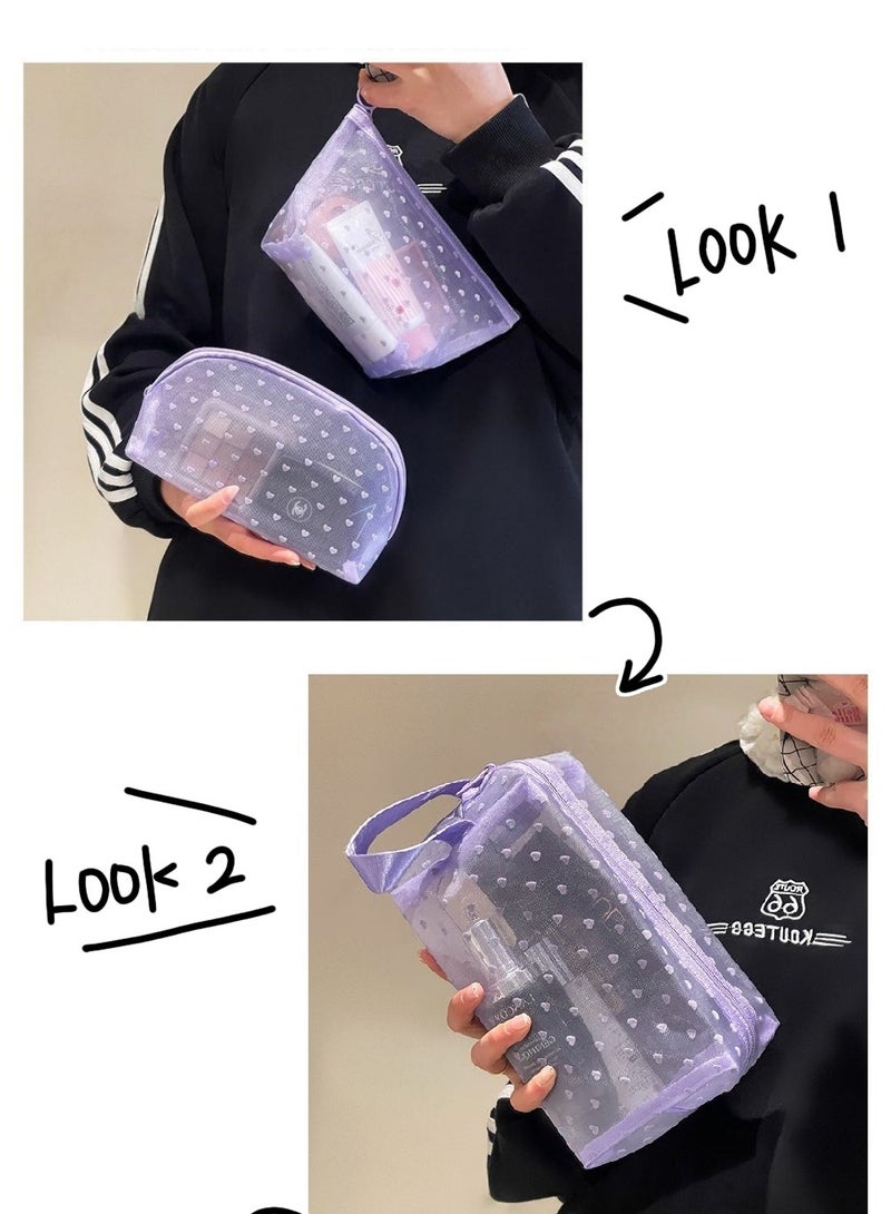 5-piece multifunctional cosmetic bag set of different sizes - portable zipper with handle, travel toiletry bag, storage bag, shopping clutch, wallet, love mesh design, large capacity to meet multiple scenarios, suitable for daily home office shopping travel accessories. - Image 5