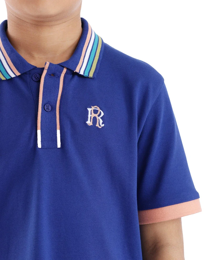 Rare Ones Rare Ones Kids Jef Dark Blue Cotton Short Sleeve Embroidered Polo