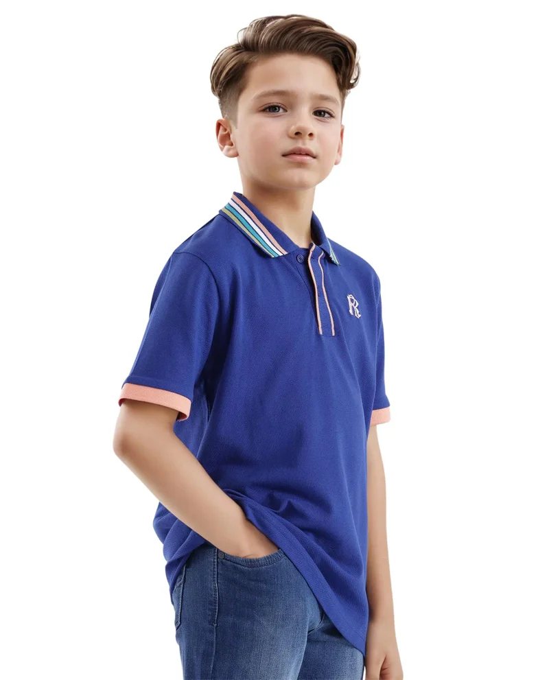 Rare Ones Rare Ones Kids Jef Dark Blue Cotton Short Sleeve Embroidered Polo