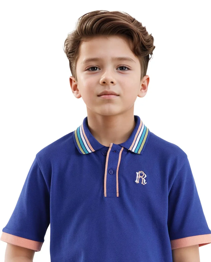 Rare Ones Rare Ones Kids Jef Dark Blue Cotton Short Sleeve Embroidered Polo