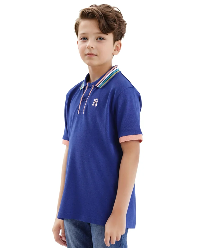 Rare Ones Rare Ones Kids Jef Dark Blue Cotton Short Sleeve Embroidered Polo