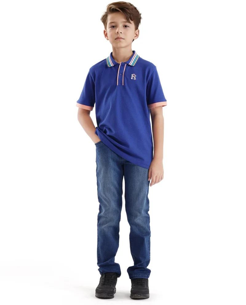 Rare Ones Rare Ones Kids Jef Dark Blue Cotton Short Sleeve Embroidered Polo