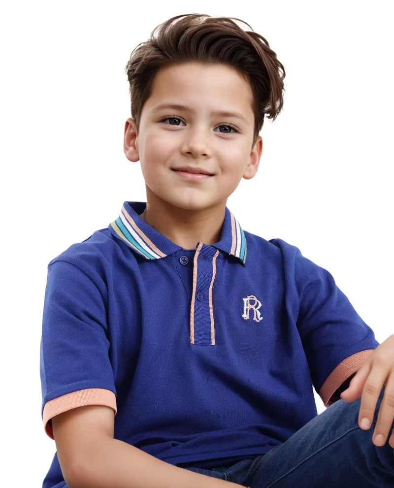 Rare Ones Rare Ones Kids Jef Dark Blue Cotton Short Sleeve Embroidered Polo