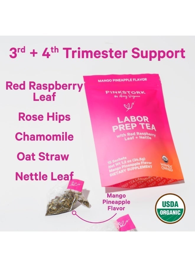 Pink Stork شاي تحضير المخاض مع ورق التوت الأحمر + القراص 15 كيس وزن صافي 1.2 أونصة (34.5 جرام) بنكهة المانجو والأناناس، مكمل غذائي عضوي من وزارة الزراعة الأمريكية، مملوك للنساء - Image 3