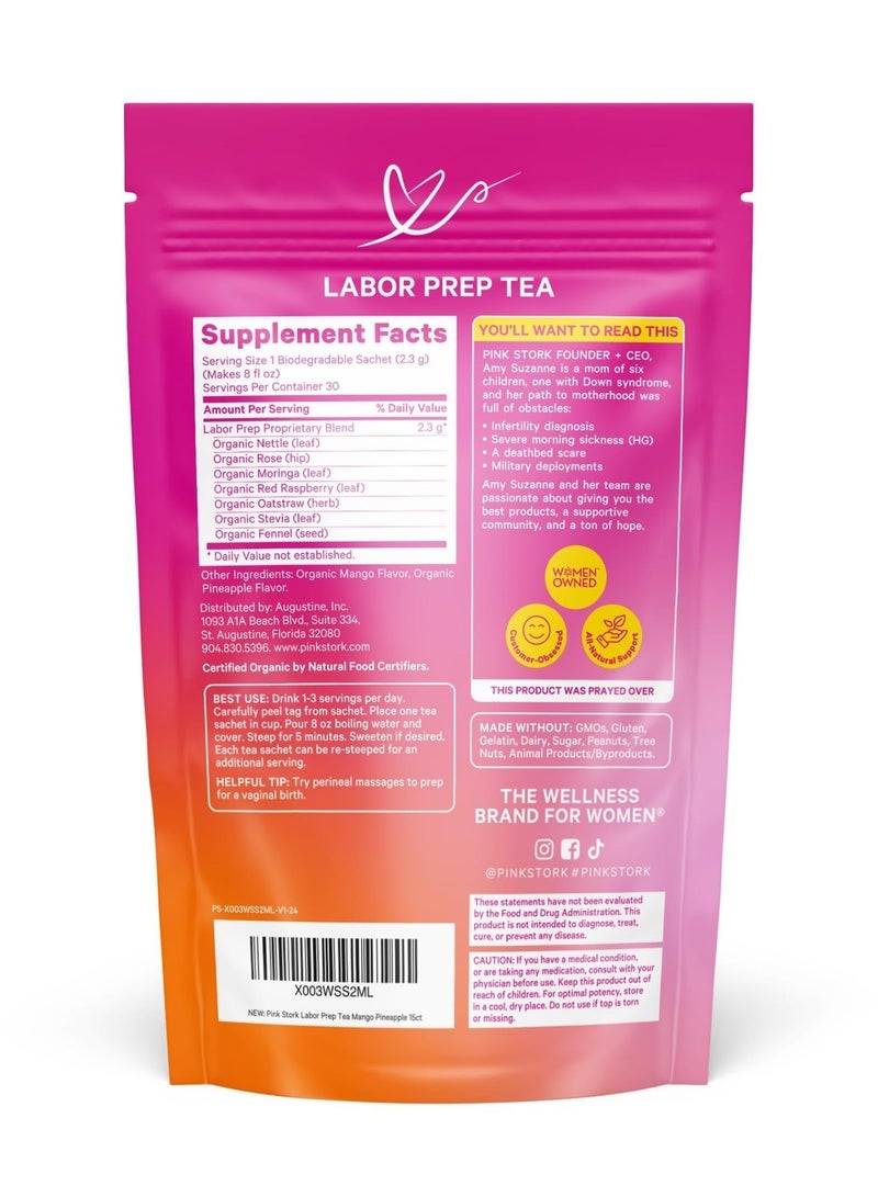 Pink Stork شاي تحضير المخاض مع ورق التوت الأحمر + القراص 15 كيس وزن صافي 1.2 أونصة (34.5 جرام) بنكهة المانجو والأناناس، مكمل غذائي عضوي من وزارة الزراعة الأمريكية، مملوك للنساء - Image 2