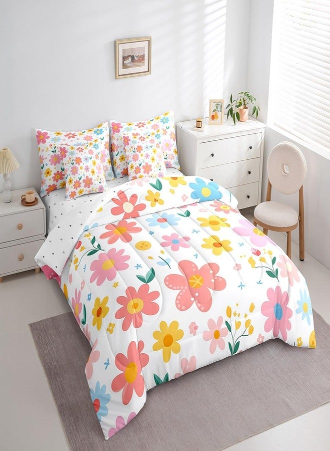 Feelyou طقم سرير Feelyou Cute Flower مكون من 7 قطع، مقاس كامل، بتصميم كرتوني لطيف مزين بالزهور، مناسب للأطفال والفتيات والمراهقات والرضع، طقم لحاف أصفر ووردي مع ملاءات، طقم سرير كاواي - Image 2
