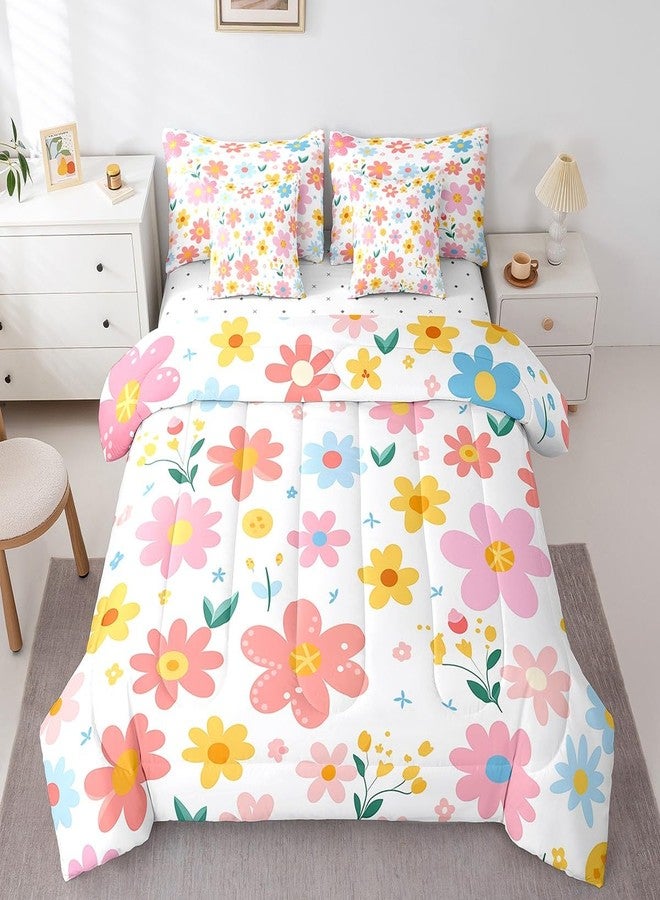 Feelyou طقم سرير Feelyou Cute Flower مكون من 7 قطع، مقاس كامل، بتصميم كرتوني لطيف مزين بالزهور، مناسب للأطفال والفتيات والمراهقات والرضع، طقم لحاف أصفر ووردي مع ملاءات، طقم سرير كاواي - Image 3