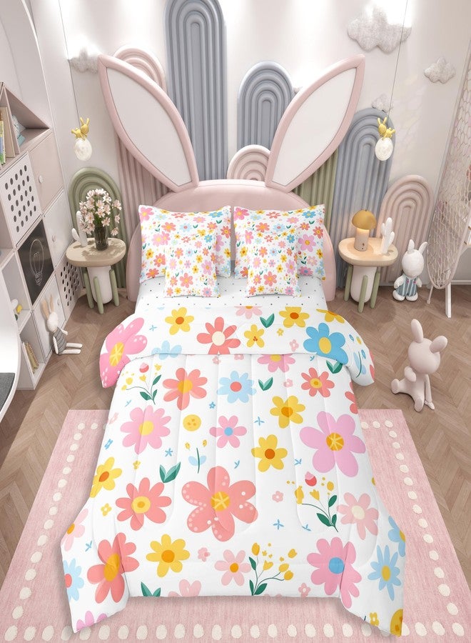 Feelyou طقم سرير Feelyou Cute Flower مكون من 7 قطع، مقاس كامل، بتصميم كرتوني لطيف مزين بالزهور، مناسب للأطفال والفتيات والمراهقات والرضع، طقم لحاف أصفر ووردي مع ملاءات، طقم سرير كاواي - Image 1