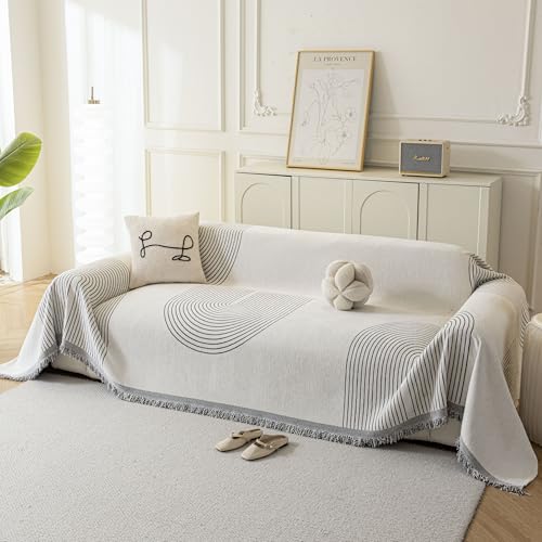 KaviKon Couch Cover for Dogs, Boho Sofa Covers for 3 Cushion Couch, Chenille Sofa Slipcover for Pets Washable, L-Shape Sectional Couch Loveseat Cover Soft Throw Blankets with Tassels(71x118,Arc Grey) - Image 1