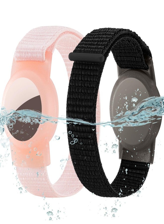 Ztobny Waterproof Bracelet for Airtag (Gen 1 & 2) Kids 2 Pack, Soft Nylon Hidden Air Tag Wristband Full Cover Lightweight GPS Holder Compatible with Apple AirTag Band for Toddler Child (Black & Pink) - Image 1